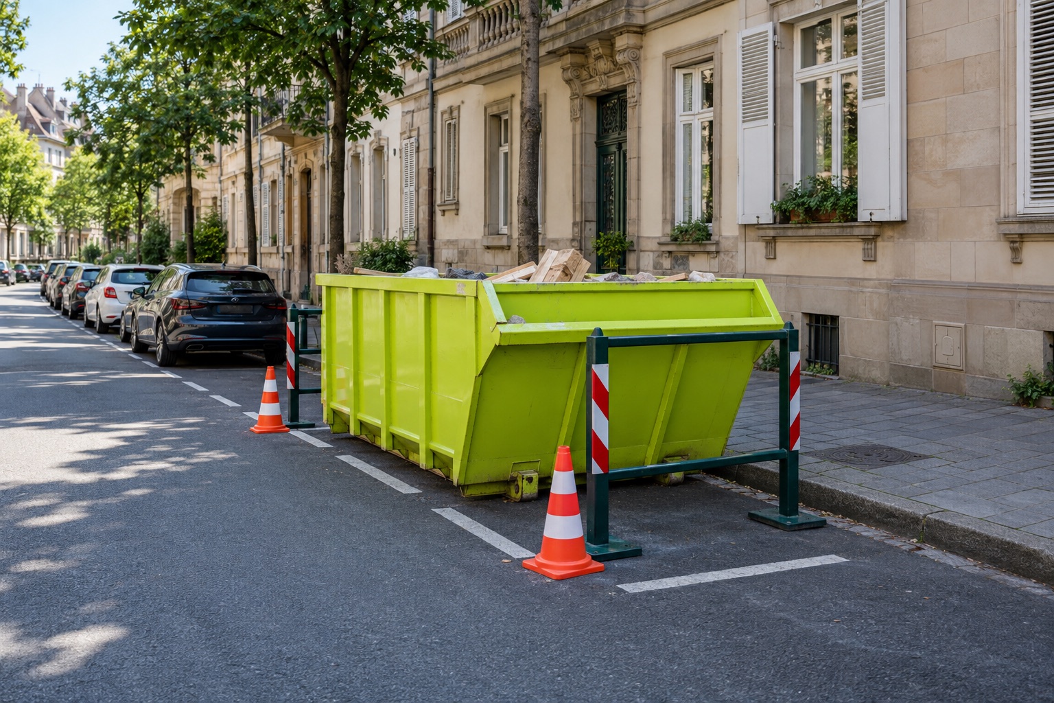 Benne verte balisée sur une place de stationnement en ville