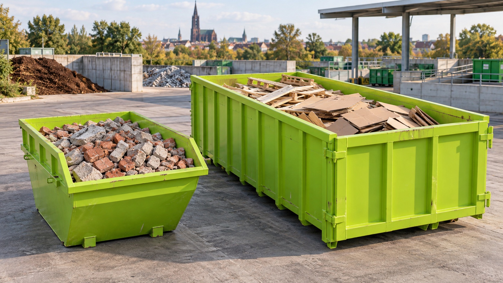 Deux bennes séparant gravats lourds et déchets légers volumineux